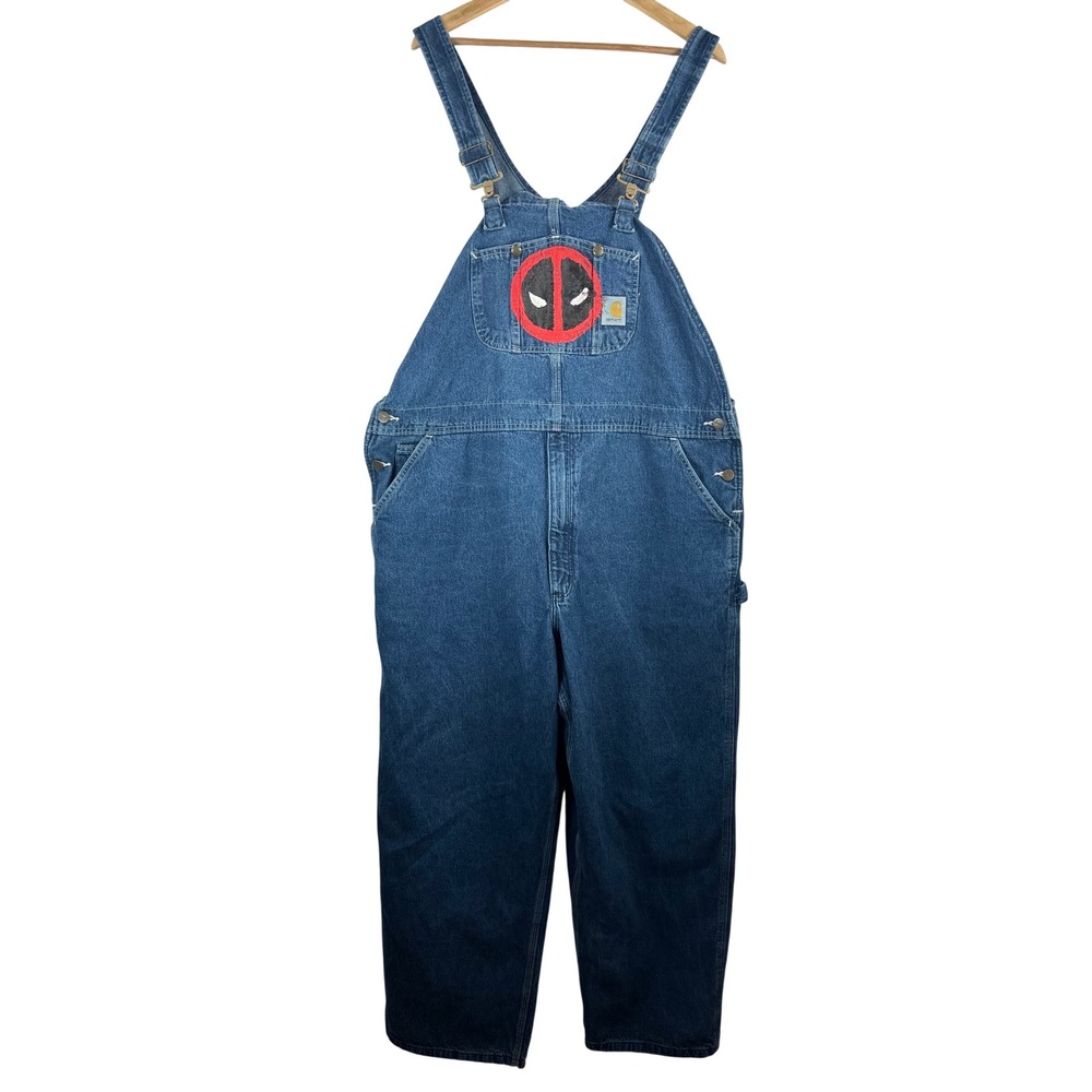 Carhartt Bib Overalls 44x30 Blue Deadpool Hand Painted baggy Workwear grunge